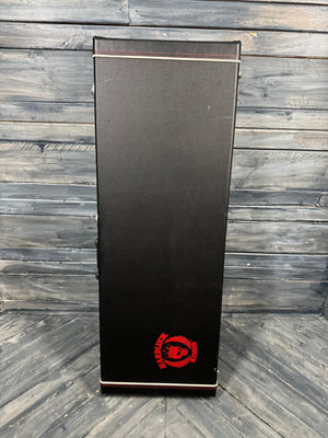Black mat with a red logo on a wooden floor