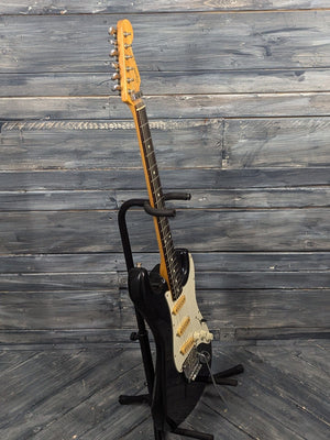 Used Squier full bass side view of the guitar