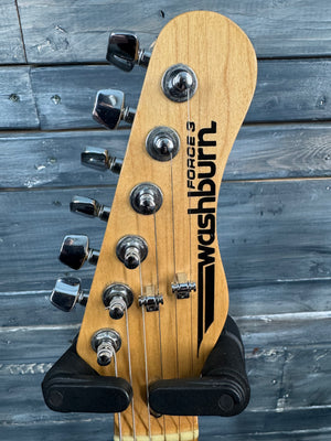Guitar headstock with 'Force 3 Washburn' branding on a wooden surface