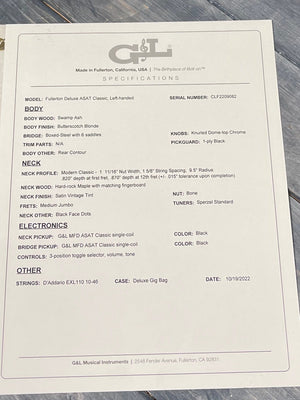 G&L Guitars Electric Guitar G&L Left Handed Fullerton Deluxe ASAT Electric guitar - Buttersctoch Blonde