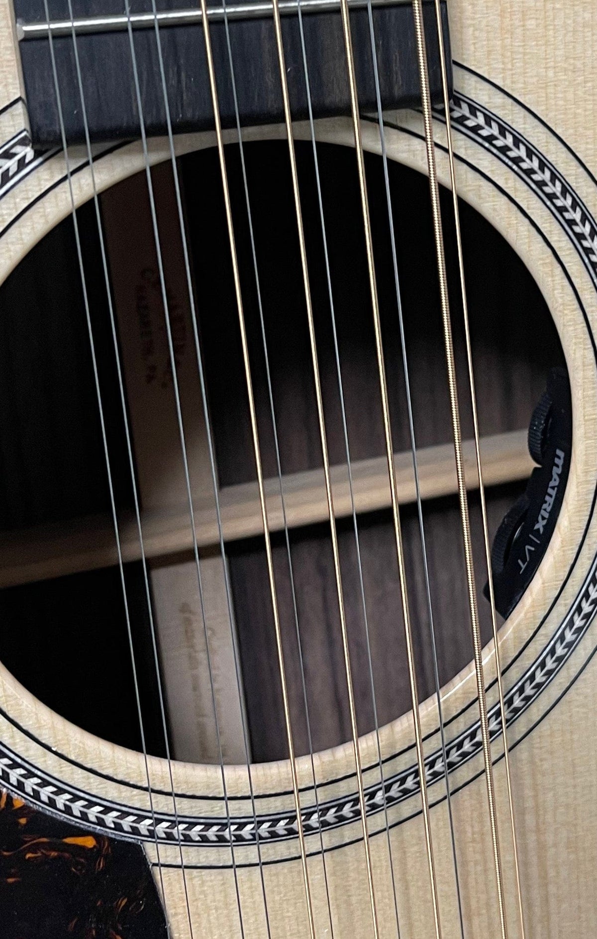 Martin Left Handed Grand J-16E 12-String sound hole and controls for electronics