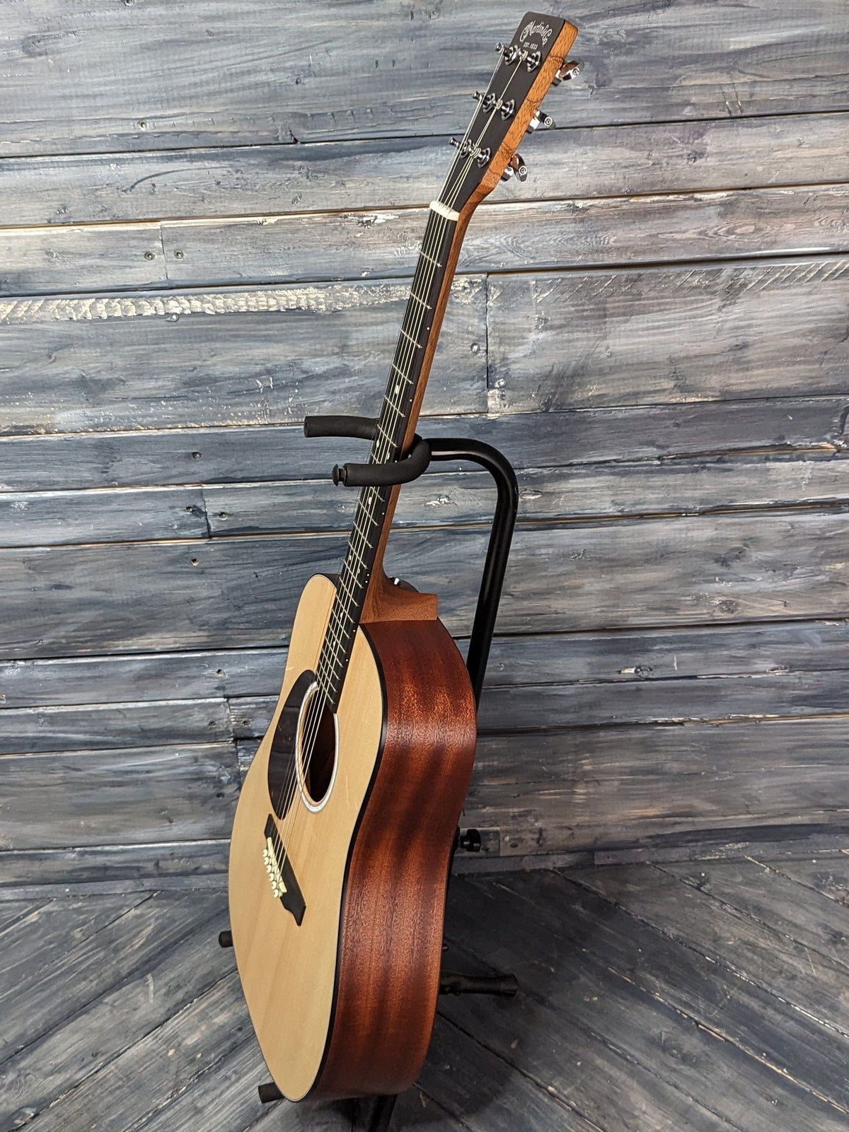 Martin Left Handed DJR-10E ful bass side view of the guitar