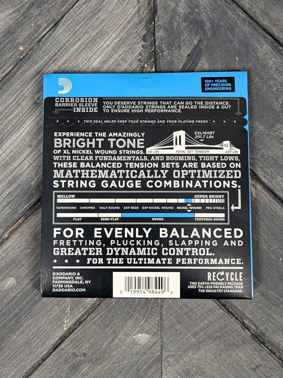 D'Addario EXL160BT back of the packaging