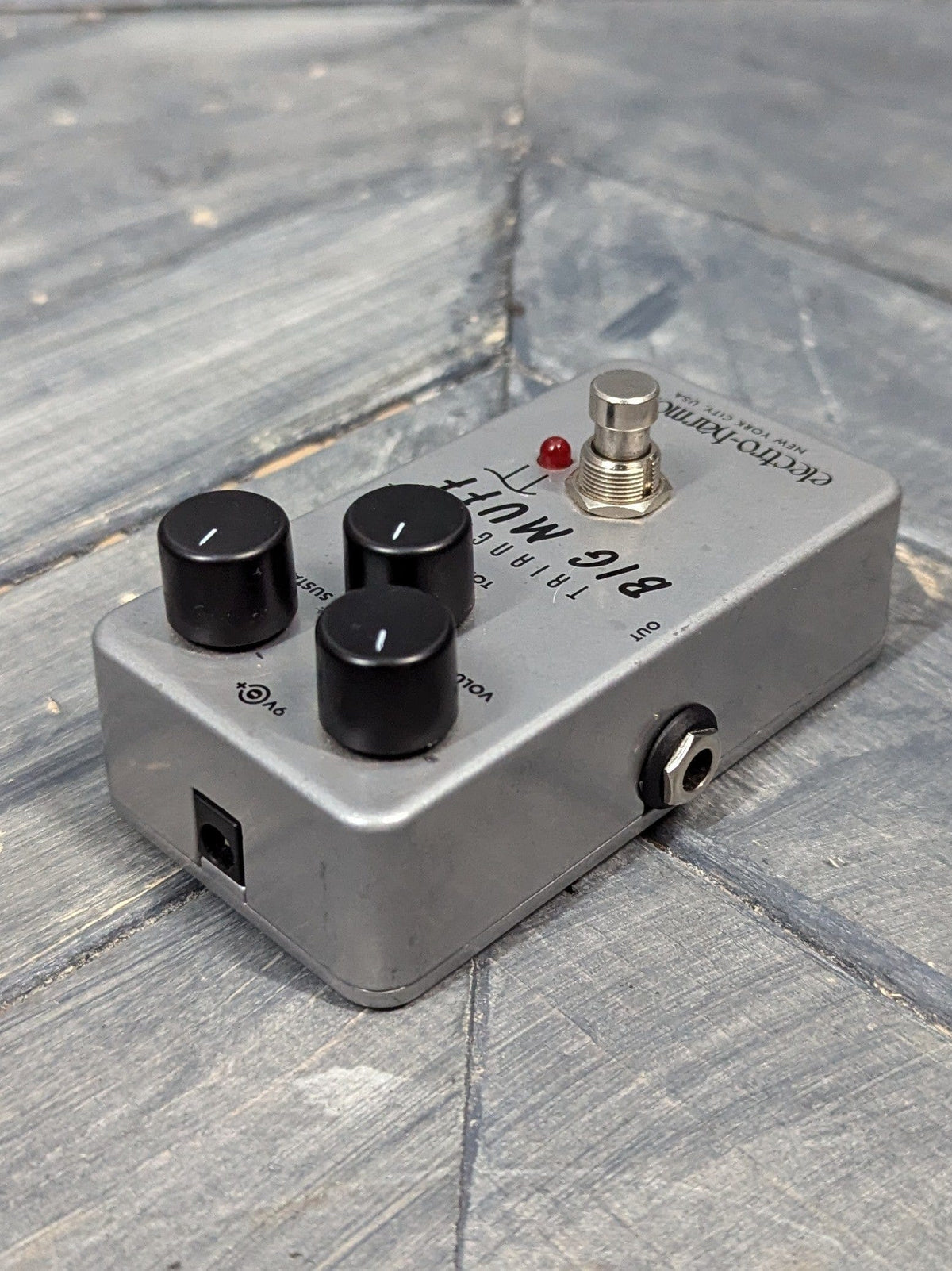 Used Electro-Harmonix Triangle Big Muff Pi left side of the pedal