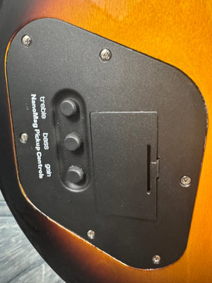 Guitar pickup control panel with treble, bass, and gain labels on a wooden guitar body.