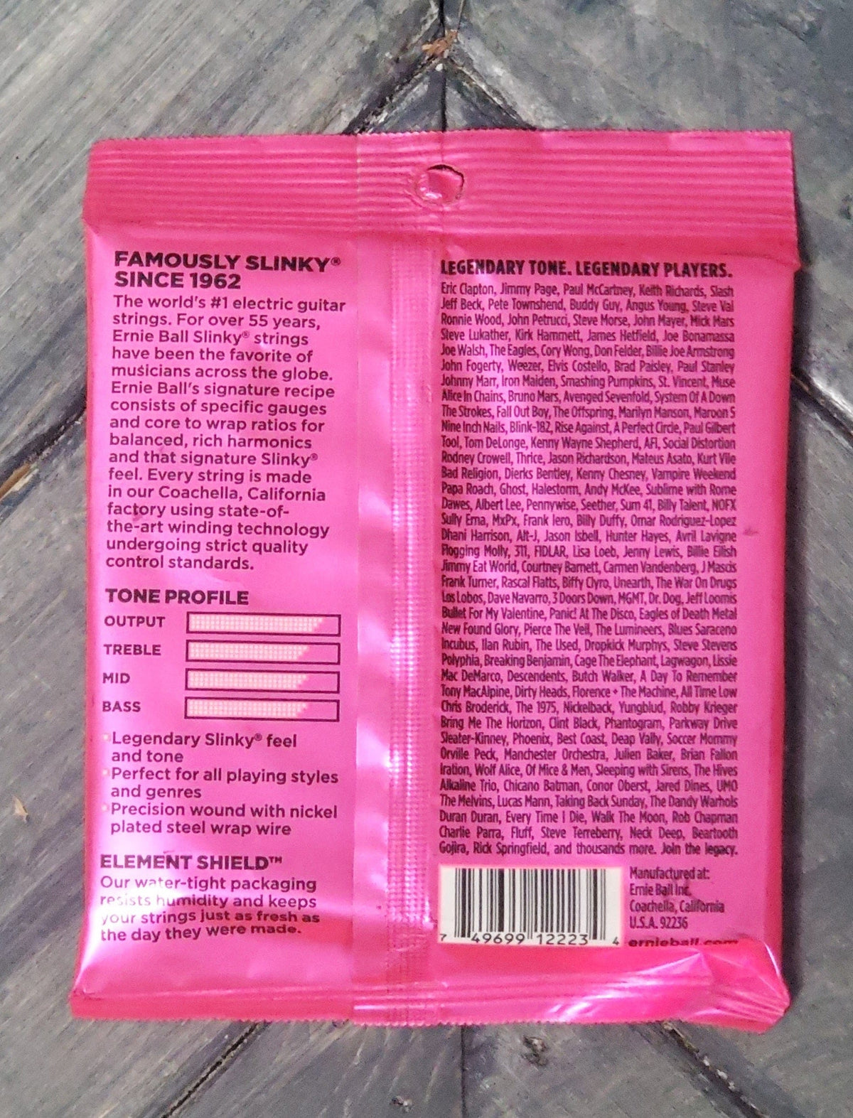 Ernie Ball Super Slinky Nickel Wound Electric Guitar Strings back of packaging