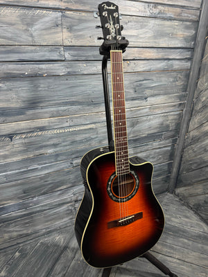 Acoustic guitar leaning against a wooden wall