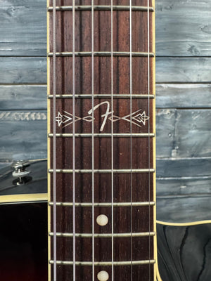 Close-up of a guitar neck with inlaid markers against a wooden background