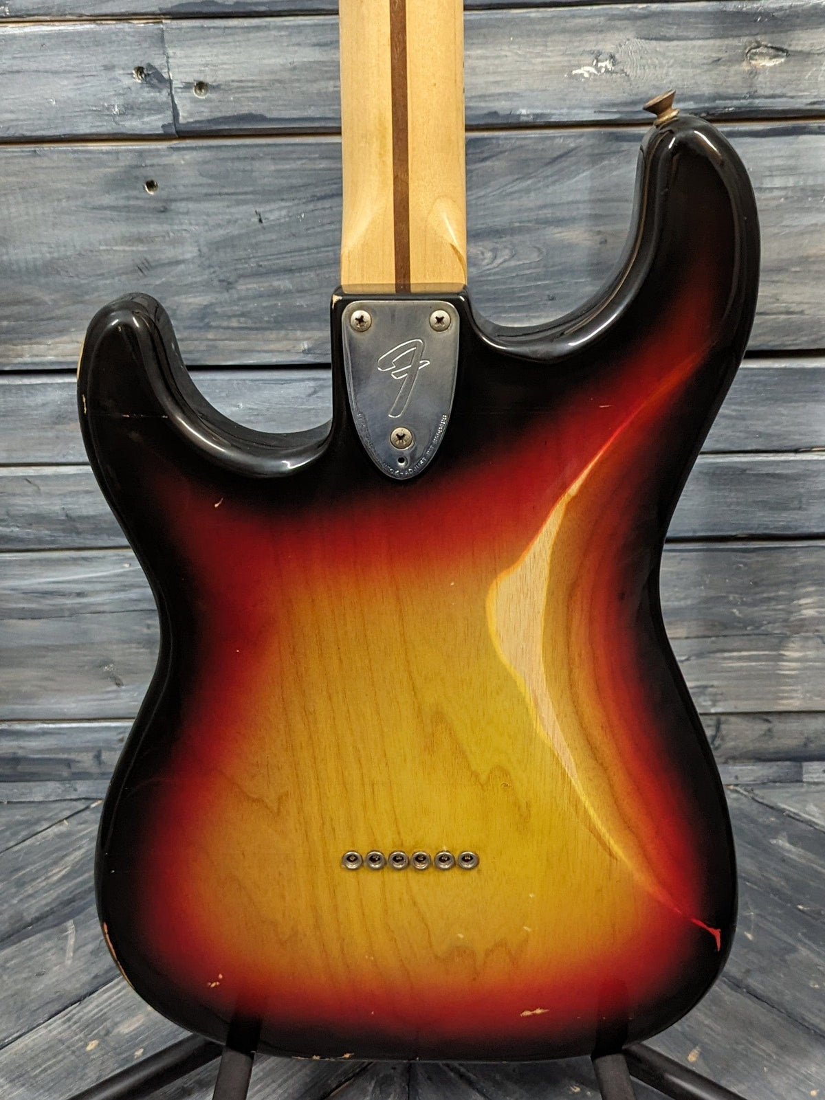 Used Fender 1979 Stratocaster close up of the back of the body