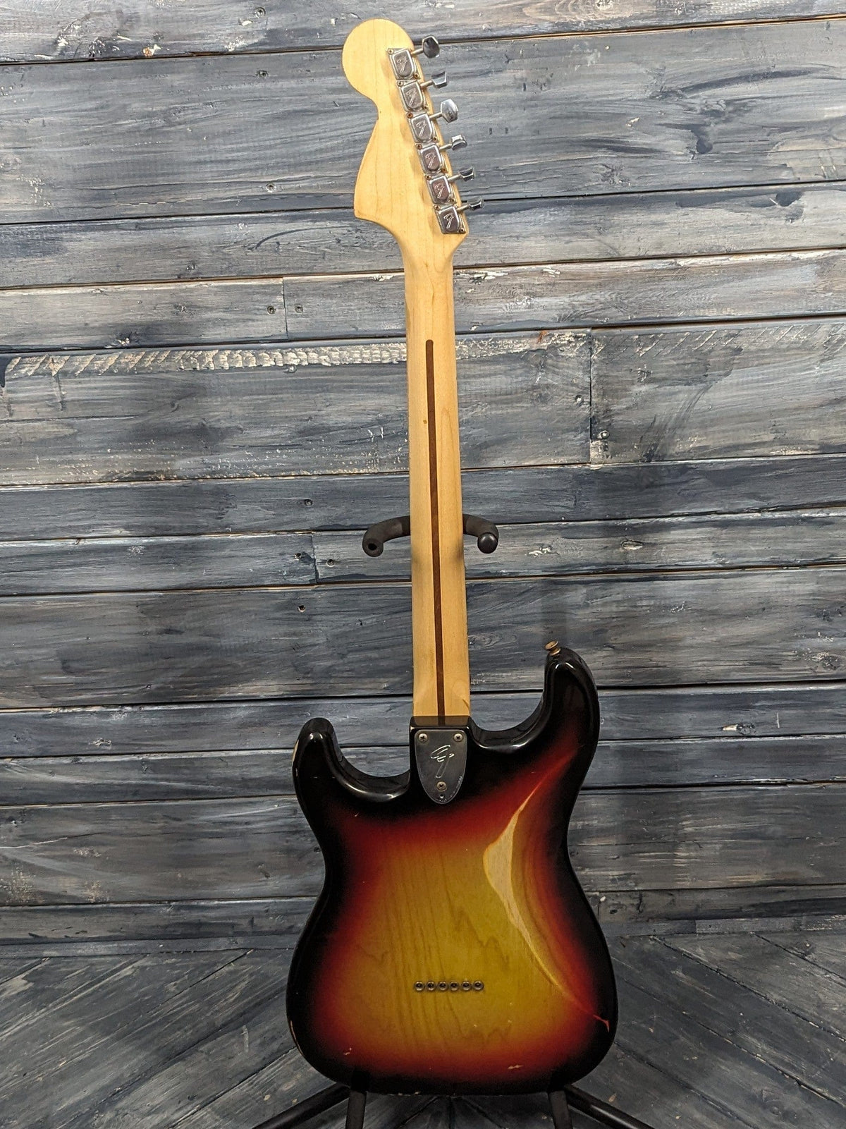 Used Fender 1979 Stratocaster full view of the back of the guitar