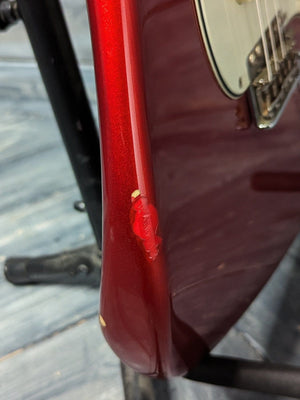 Used Fender Stratocaster close up of finish damage on body