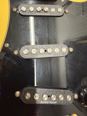 Close-up of a guitar with Seymour Duncan pickups