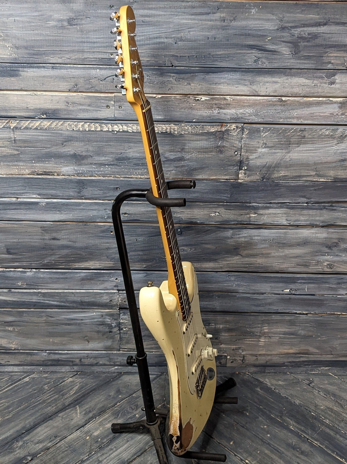 Used Fender Stratocaster full bass side view of the guitar