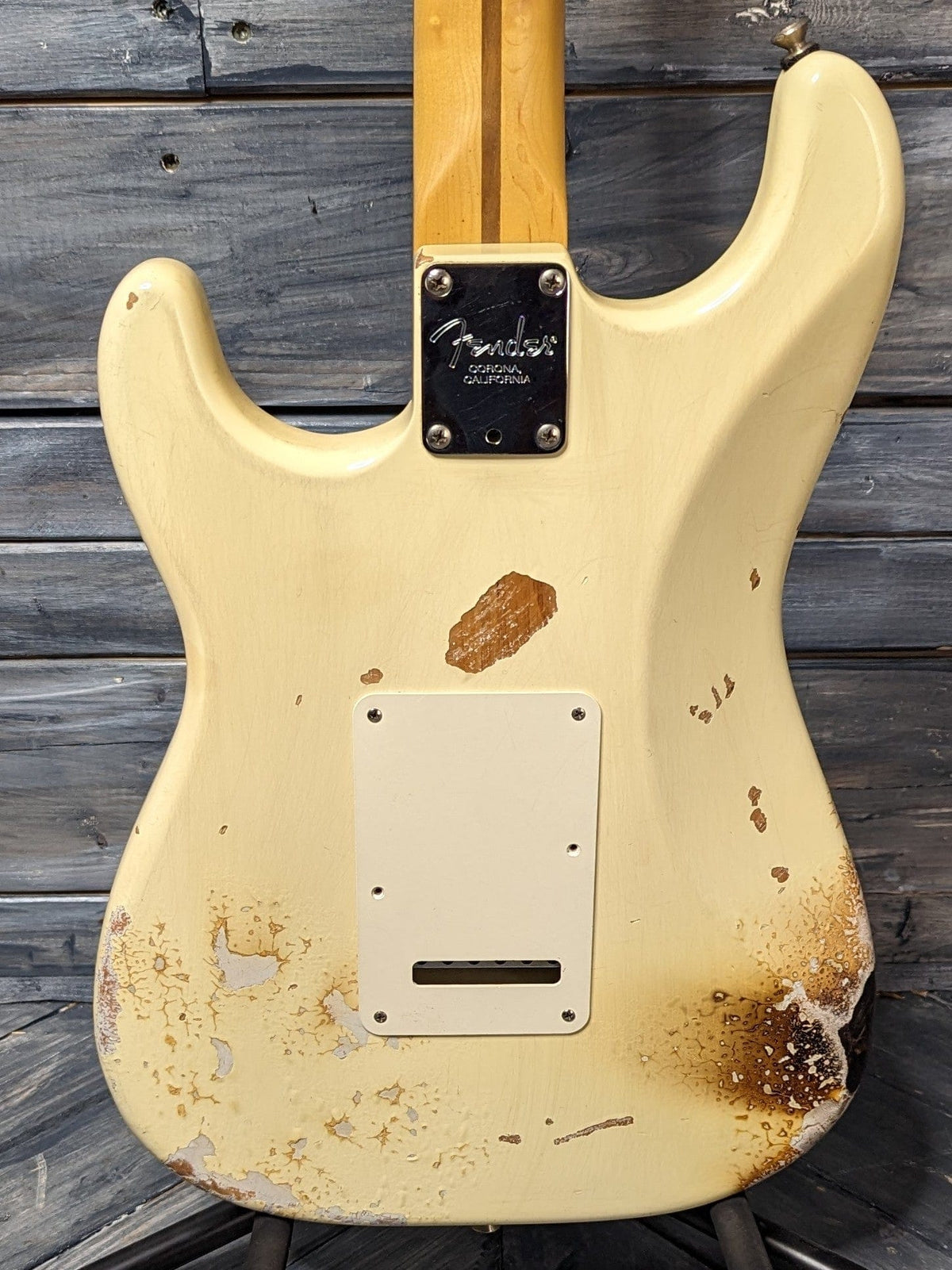 Used Fender Stratocaster close up of the back of the guitar