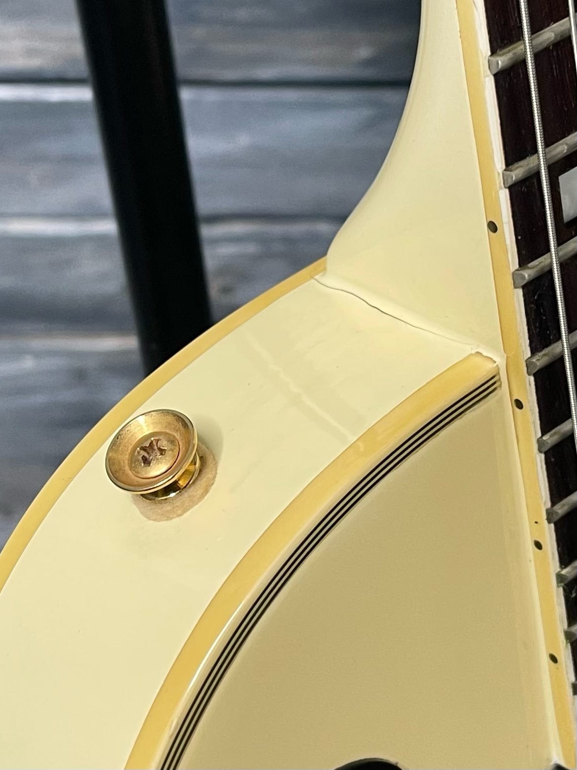 Used Gallen LP-Style Electric Guitar close up of finish crack