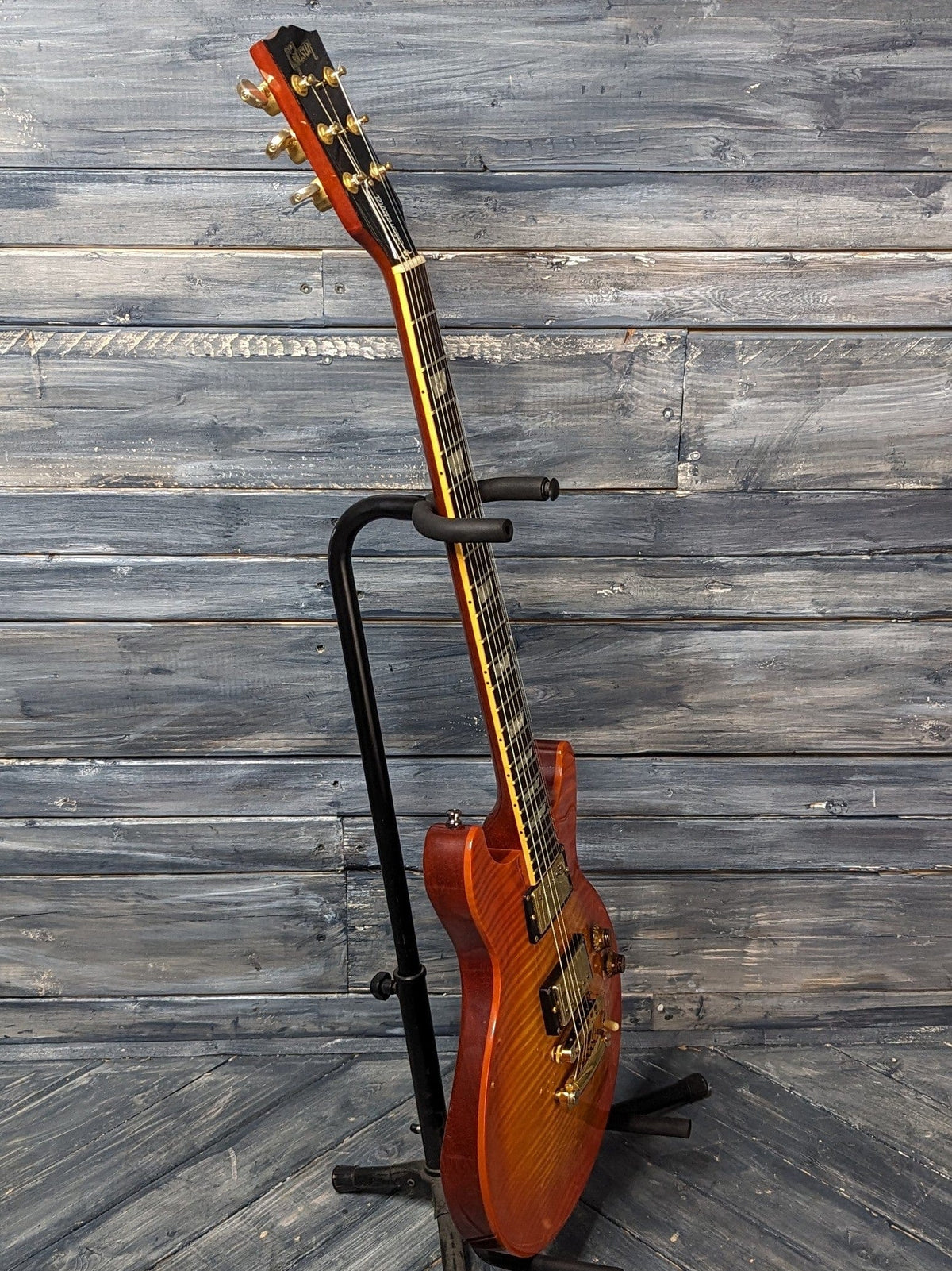 Used Gibson Double Cut Les Paul Standard full bass side view of the guitar 