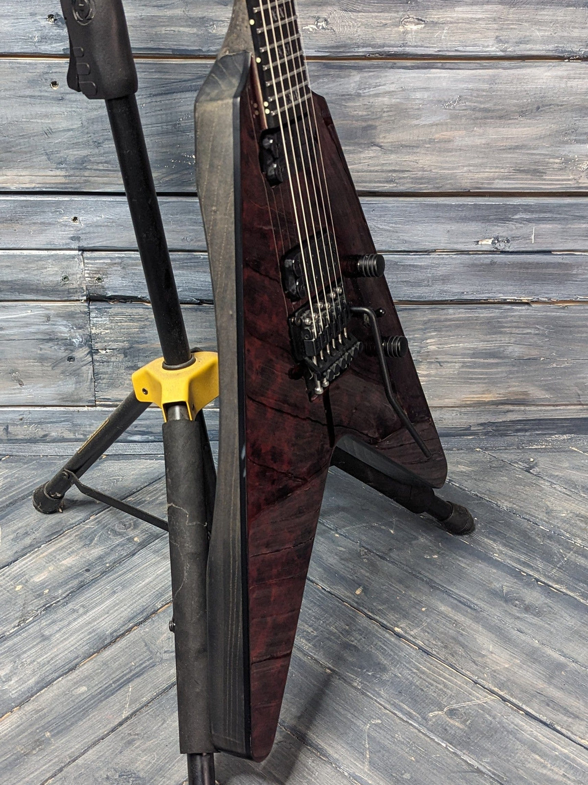 Used Schecter V-1 Apocalypse bass side view of the body