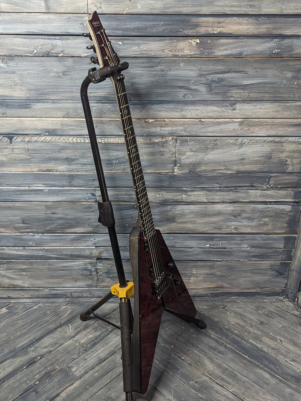 Used Schecter V-1 Apocalypse full bass side view of the guitar