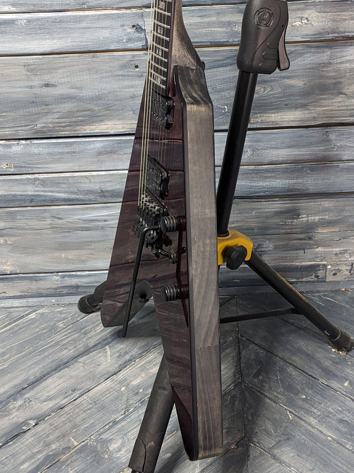 Used Schecter V-1 Apocalypse treble side view of the body