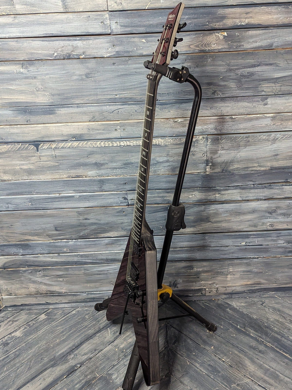 Used Schecter V-1 Apocalypse full treble side view of the guitar