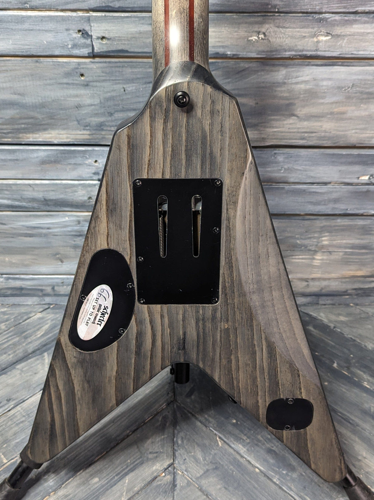 Used Schecter V-1 Apocalypse close up of the back of the body