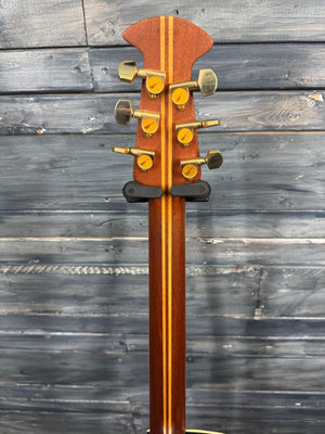 Wooden guitar neck with tuning pegs against a wooden background