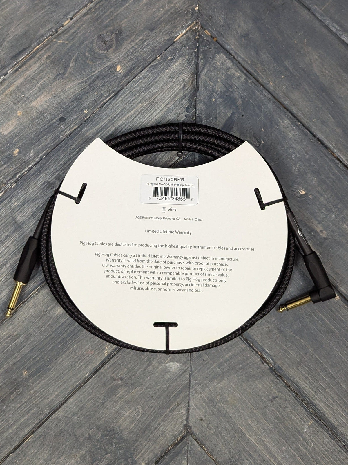 Pig Hog Cable Pig Hog PCH20BKR 20ft Black Woven Straight to Right Angle  Instrument Cable