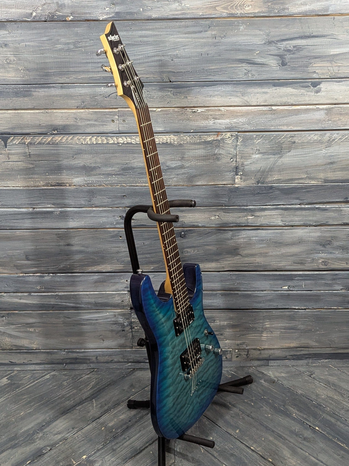 Used Schecter C-6 Plus full bass side view of the guitar