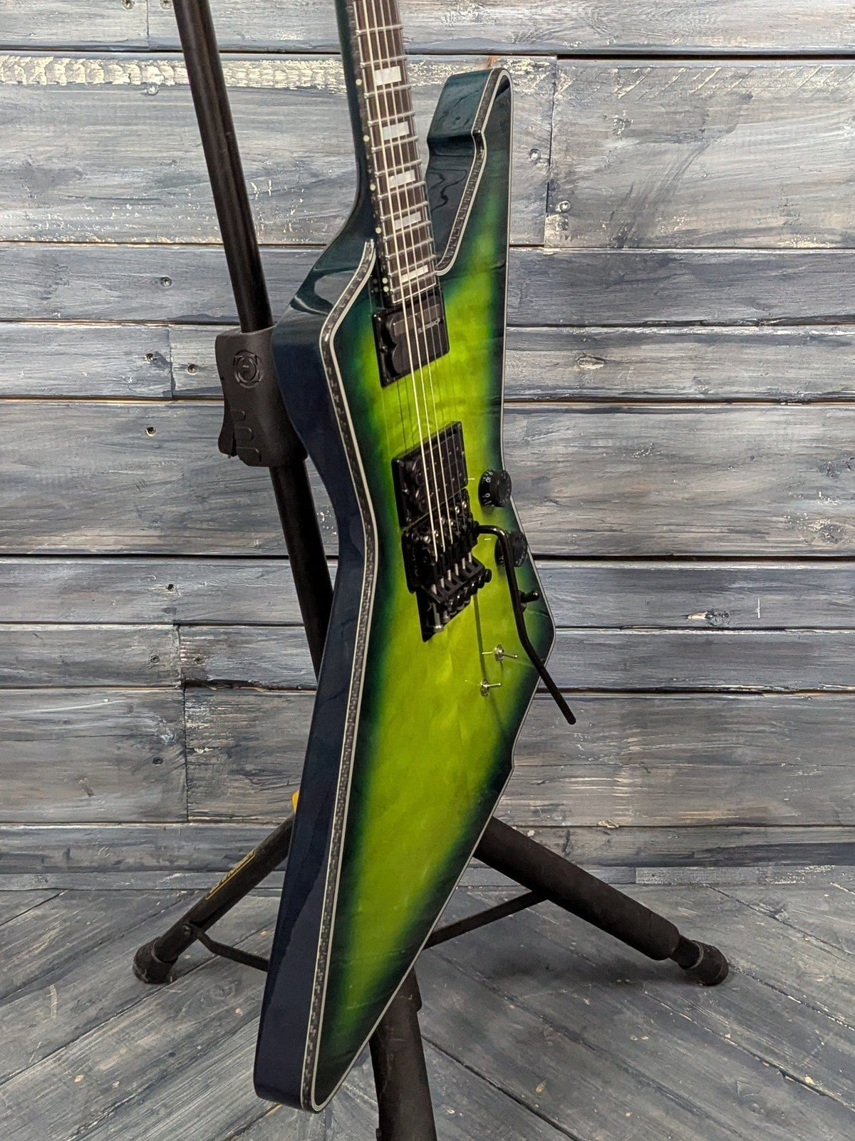 Used Schecter E-1 FR S bass side view of the body