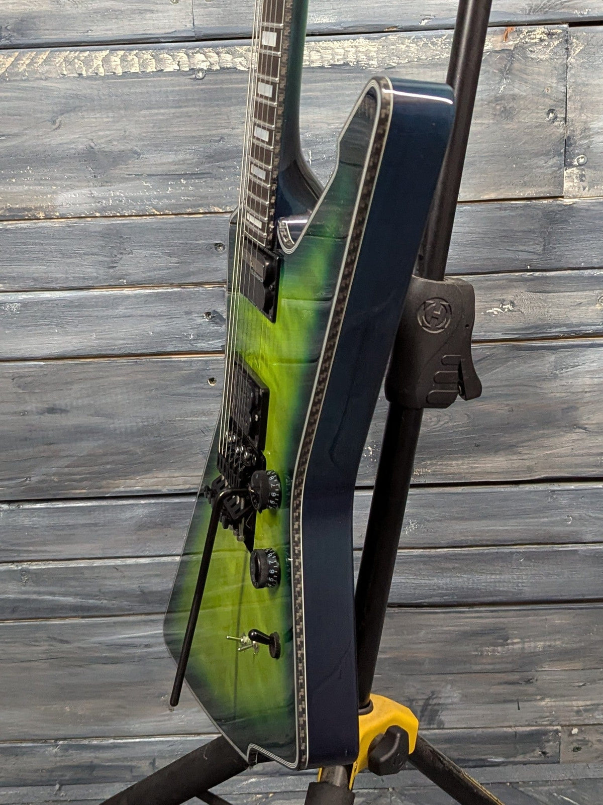 Used Schecter E-1 FR S treble side view of the body