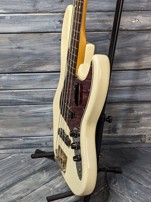 Used Squier Jazz Bass treble side view of the body