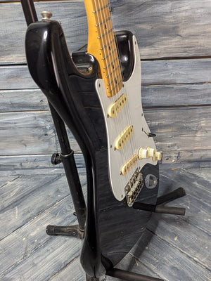 Used Squier Stratocaster bass side view of the body