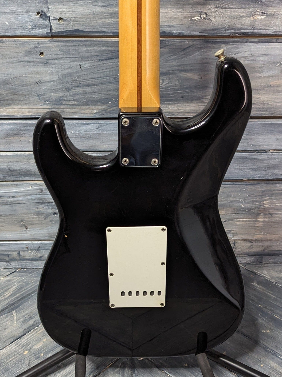 Used Squier Stratocaster close up of the back of the body