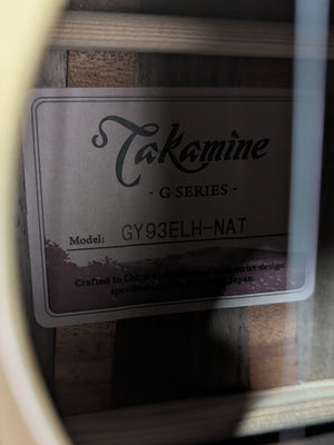 Takamine Left Handed GY93ELH close up of the label
