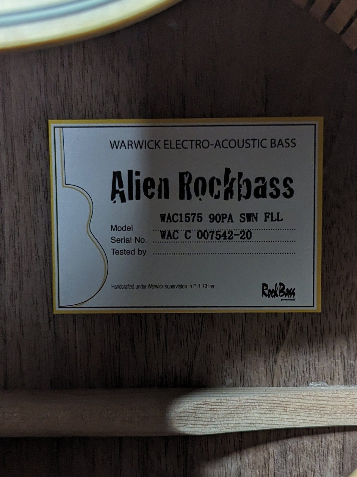 Warwick RockBass Left Handed close up of the label