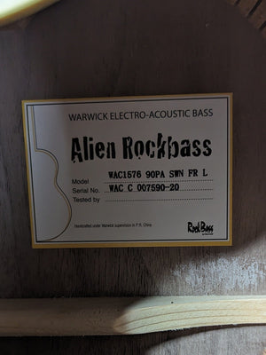 Warwick RockBass Left Handed close up of the label