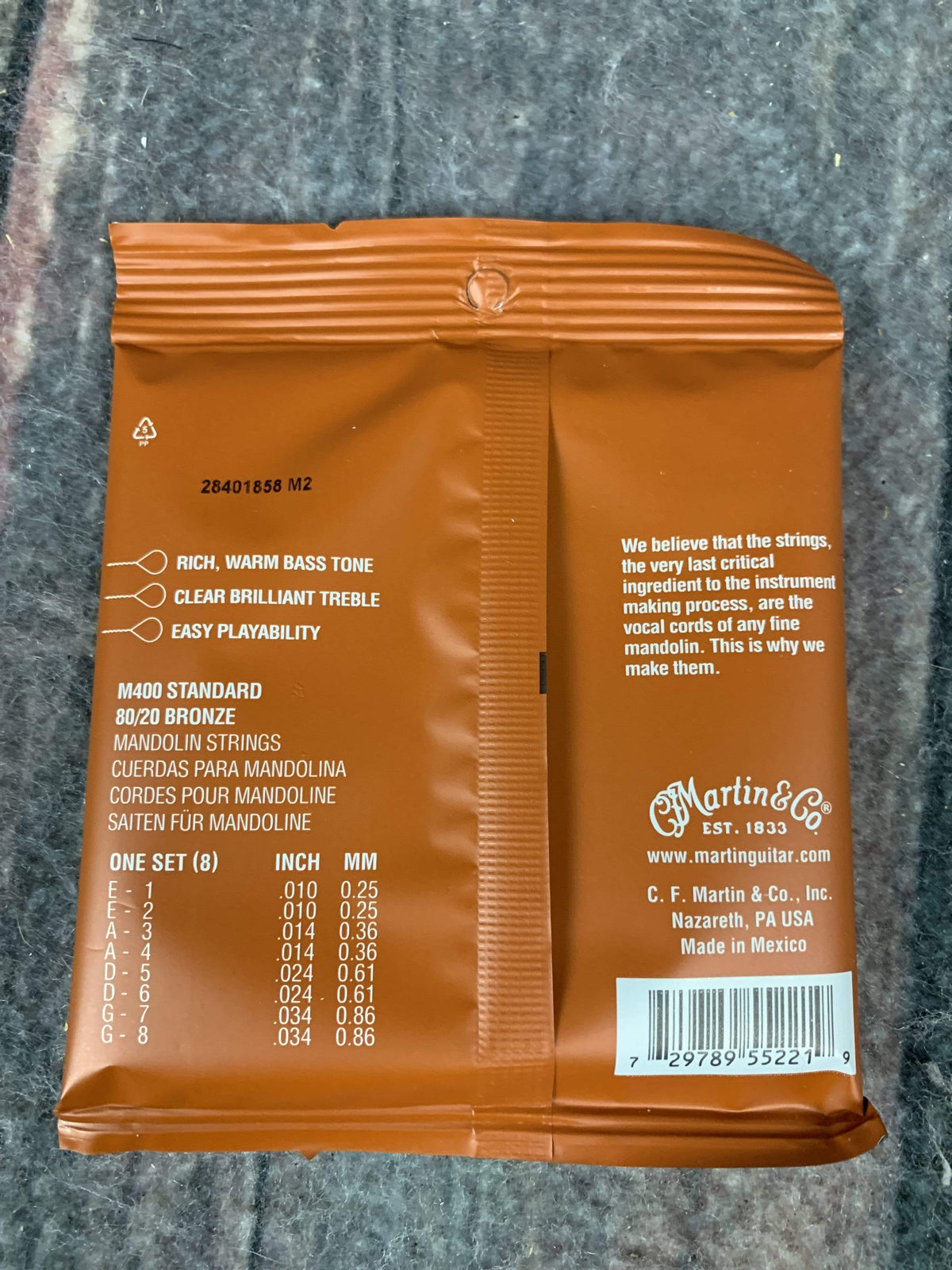 Martin M400 Standard Mandolin Strings back of packaging