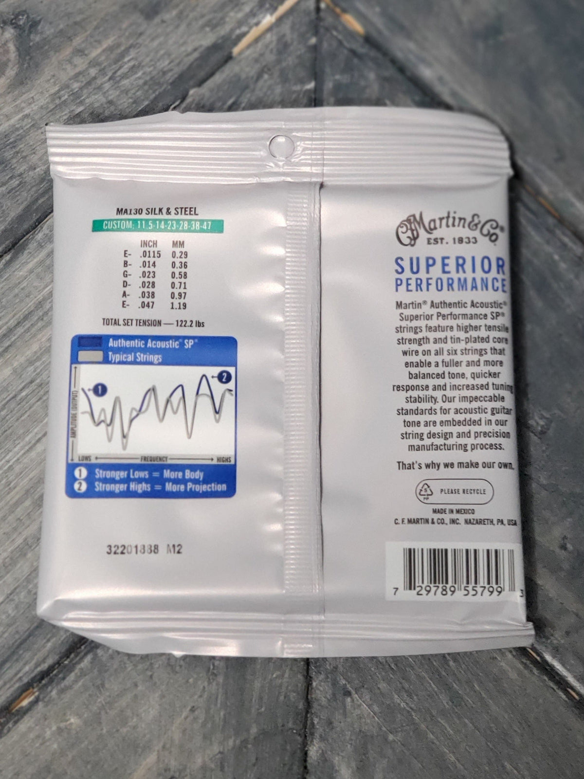 Martin MA130 Authentic Acoustic Superior Performance Silk and Steel Guitar Strings back of packaging