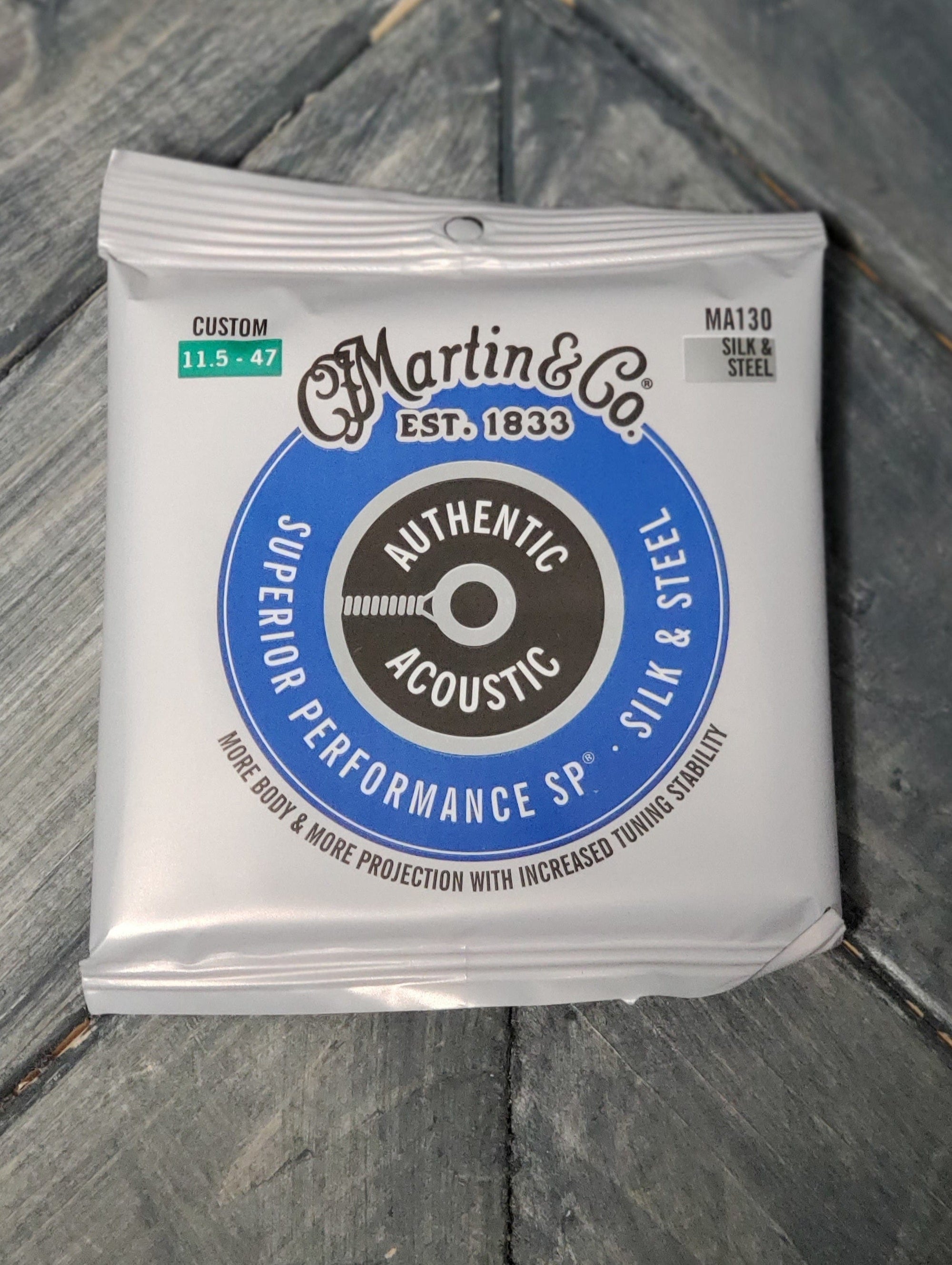 Martin MA130 Authentic Acoustic Superior Performance Silk and Steel Guitar Strings front of packaging