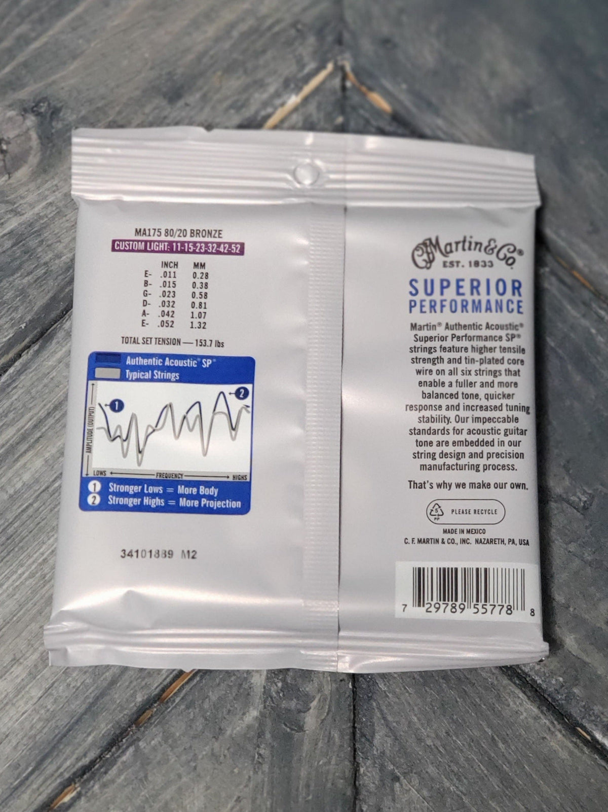 Martin MA175 Authentic Acoustic Superior Performance 80/20 Bronze Guitar Strings back of packaging