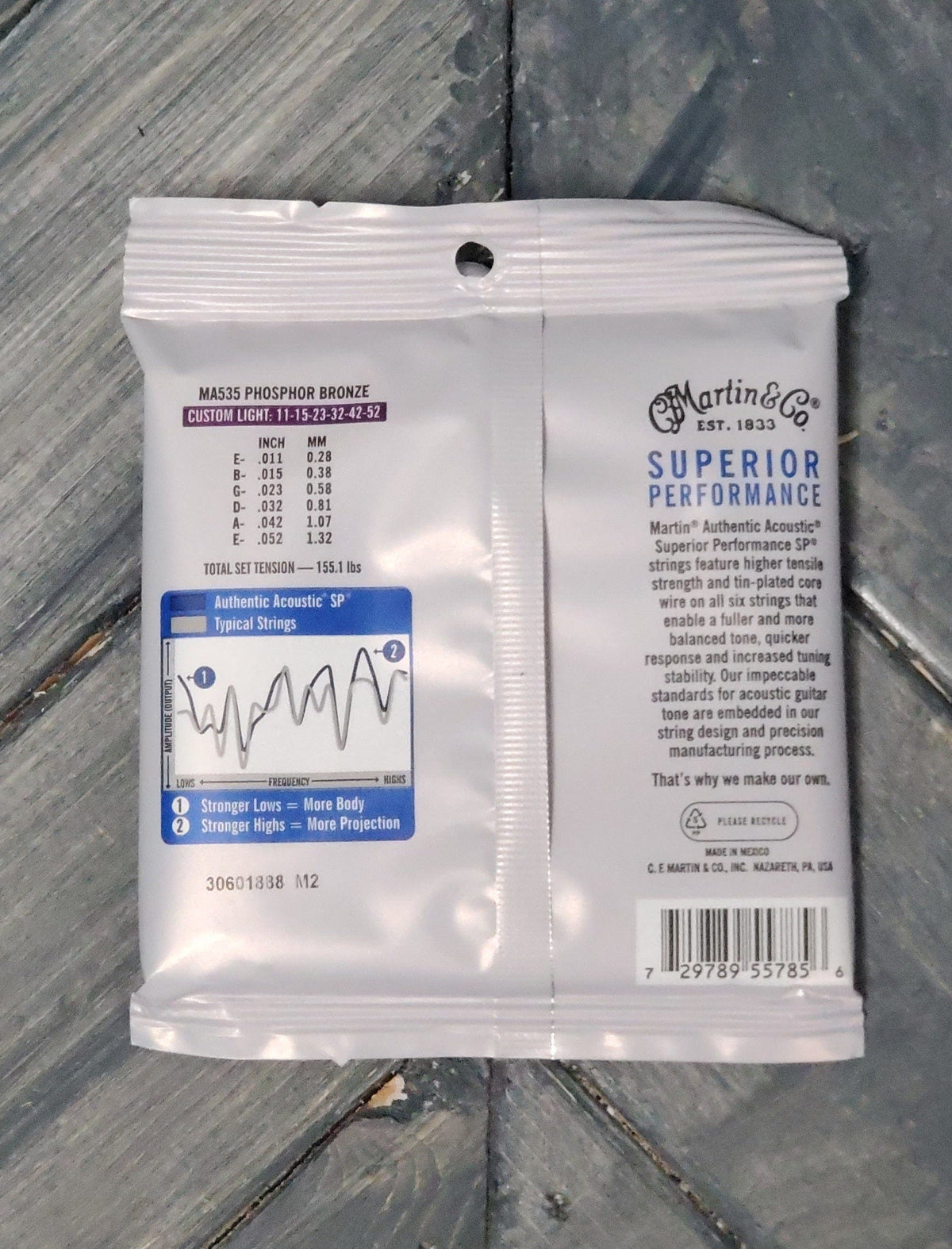 Martin MA535 AUTHENTIC ACOUSTIC SP® GUITAR STRINGS PHOSPHOR BRONZE back of packaging