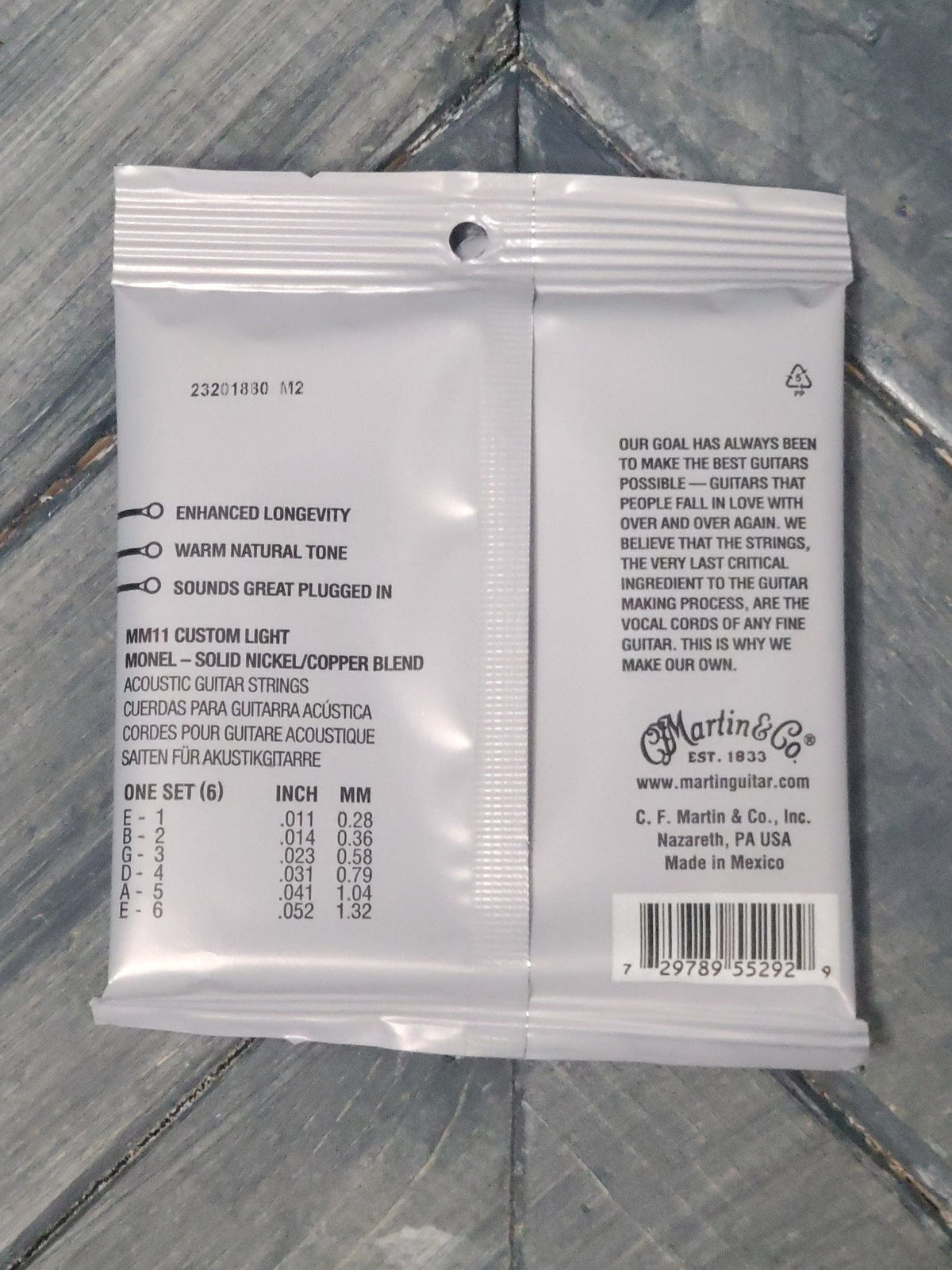 Martin MM11 Custom Light Monel Acoustic Guitar Strings back of packaging