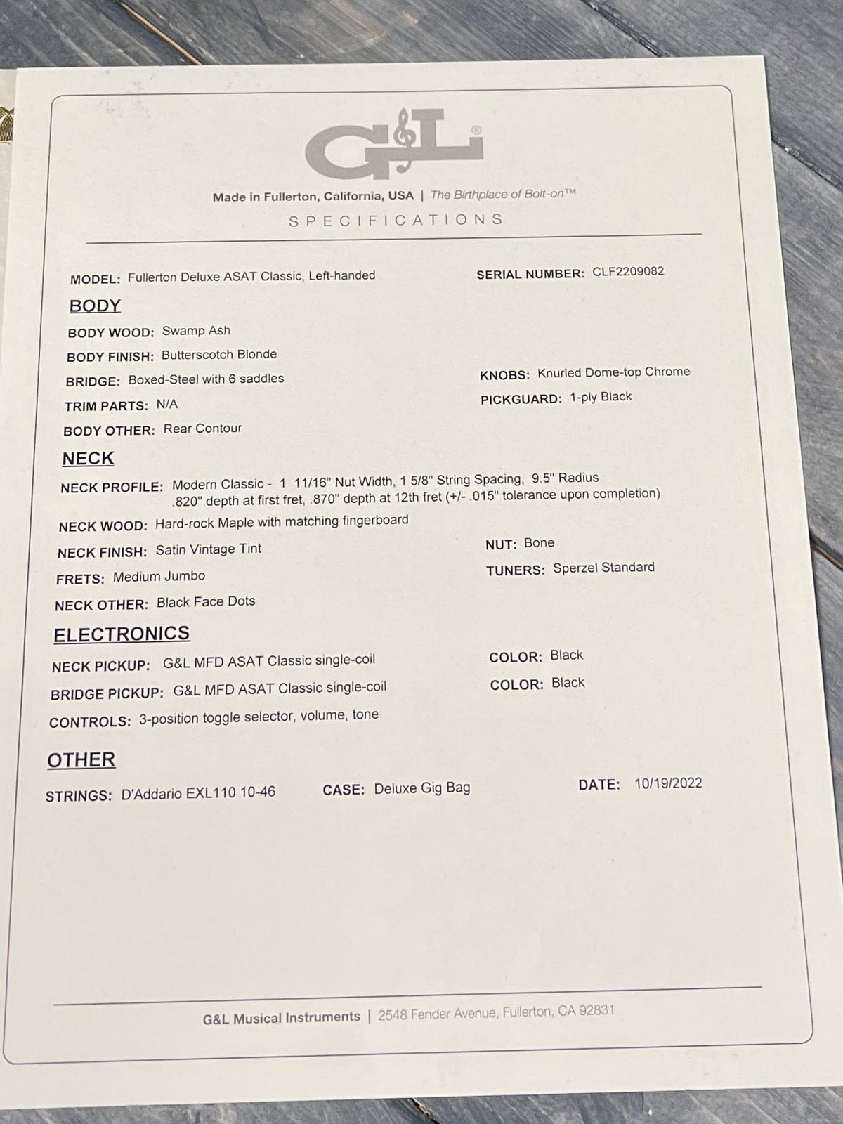 G&L Guitars Electric Guitar G&L Left Handed Fullerton Deluxe ASAT Electric guitar - Buttersctoch Blonde