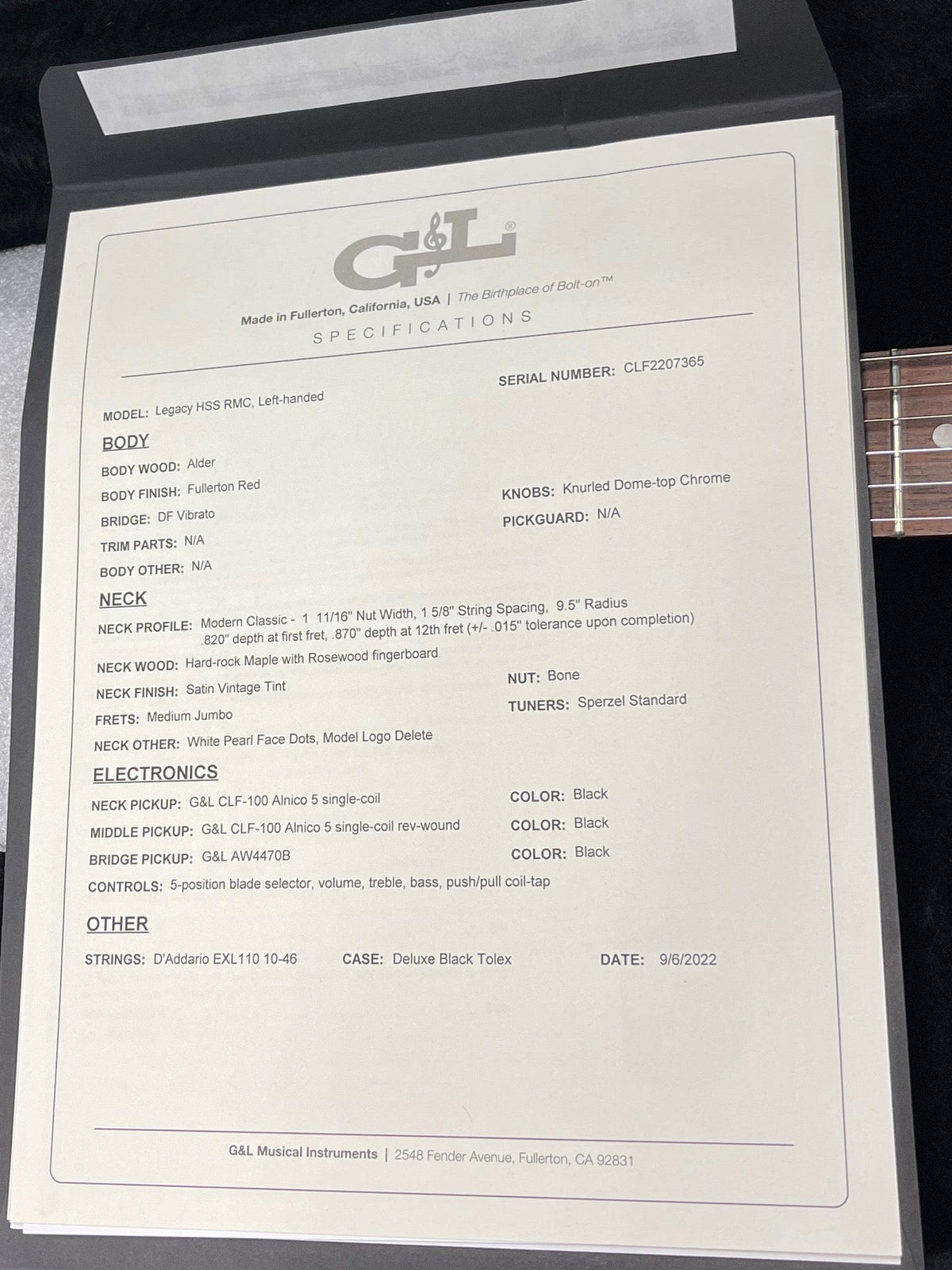 G&L Guitars Electric Guitar G&L Left Handed Legacy HSS RMC Electric Guitar- Fullerton Red